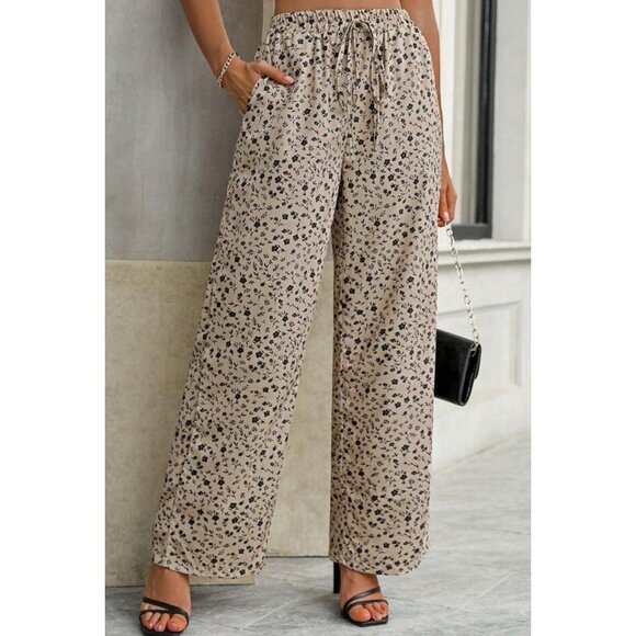 SHEIN Lune Floral Print Capir/Cropped Pants w/ Pockets Tie Waist Wide Leg Size L - Picture 2 of 9